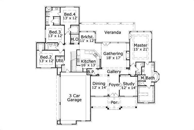 Floor Plan First Story of Country Plan #156-1976