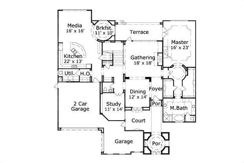 Floor Plan First Story of Spanish Plan #156-2019