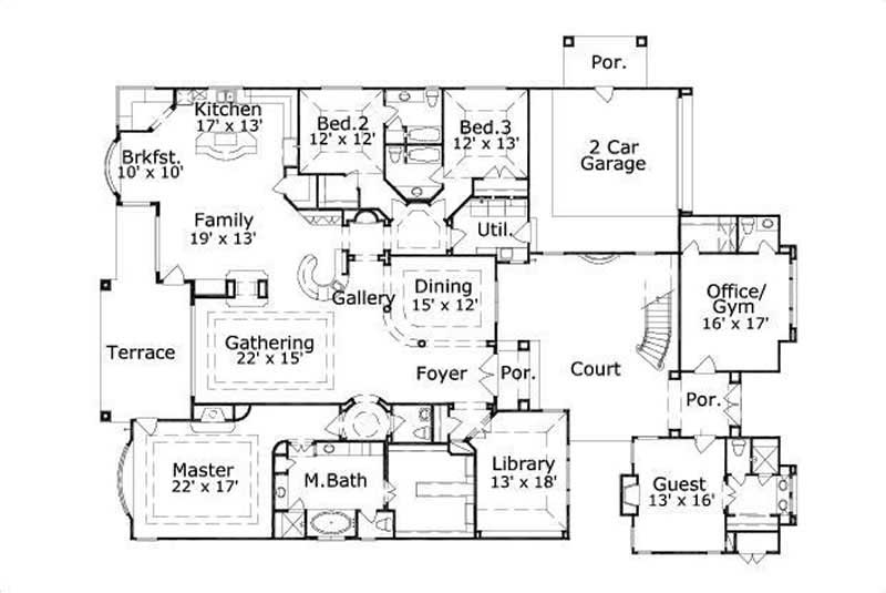 Floor Plan First Story of Mediterranean Plan #156-2274