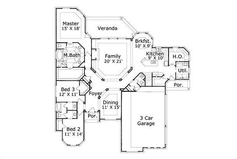 Floor Plan First Story of Ranch Plan #156-2377