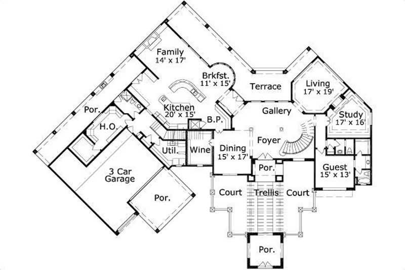 Floor Plan First Story of Spanish Plan #156-2457