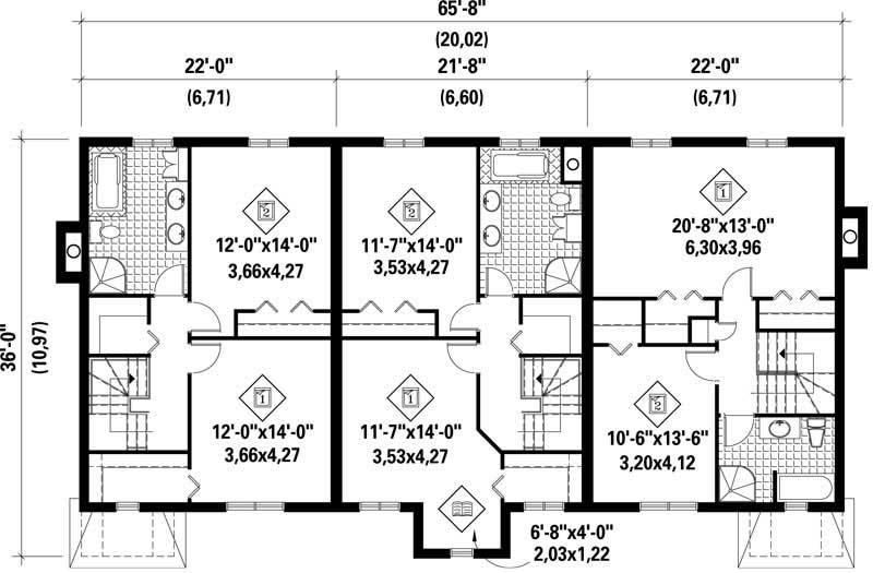 Floor Plan Second Story of Multi-Unit Plan #157-1010