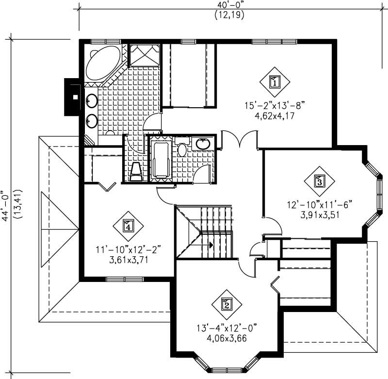 Floor Plan Second Story of European Plan #157-1051