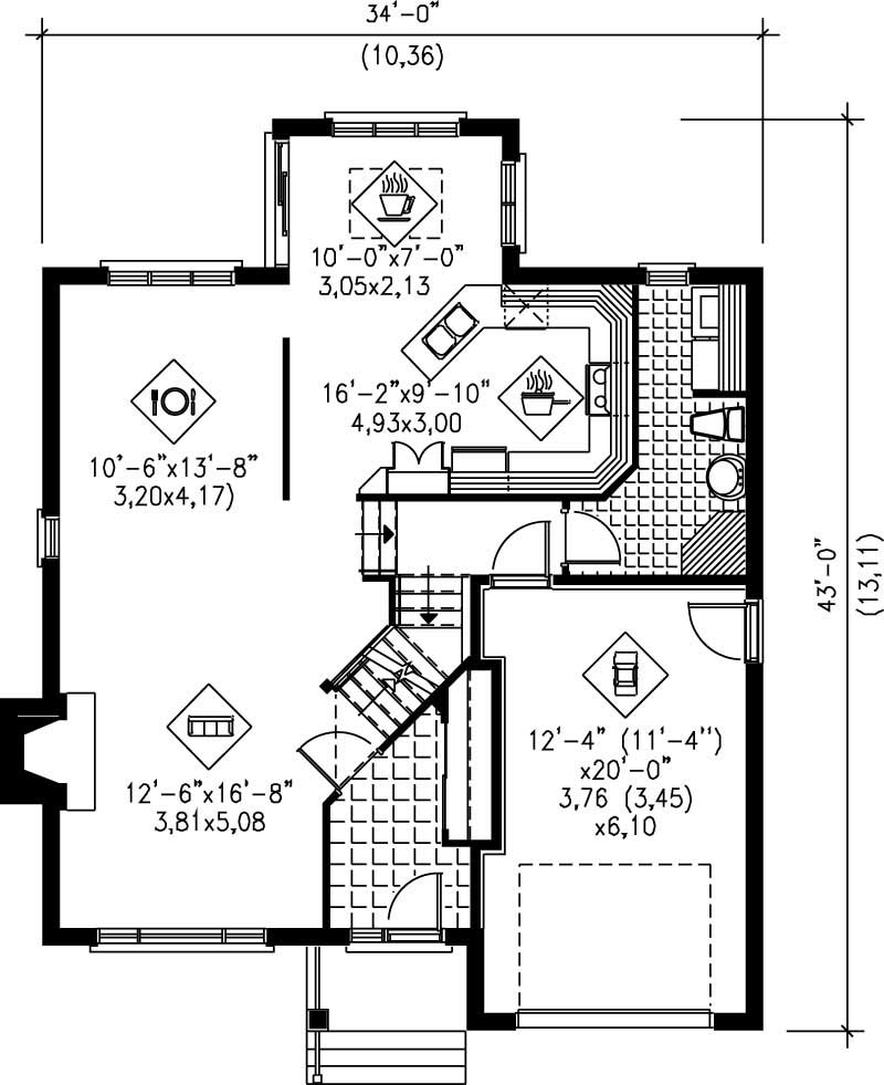 Floor Plan First Story of Ranch Plan #157-1077
