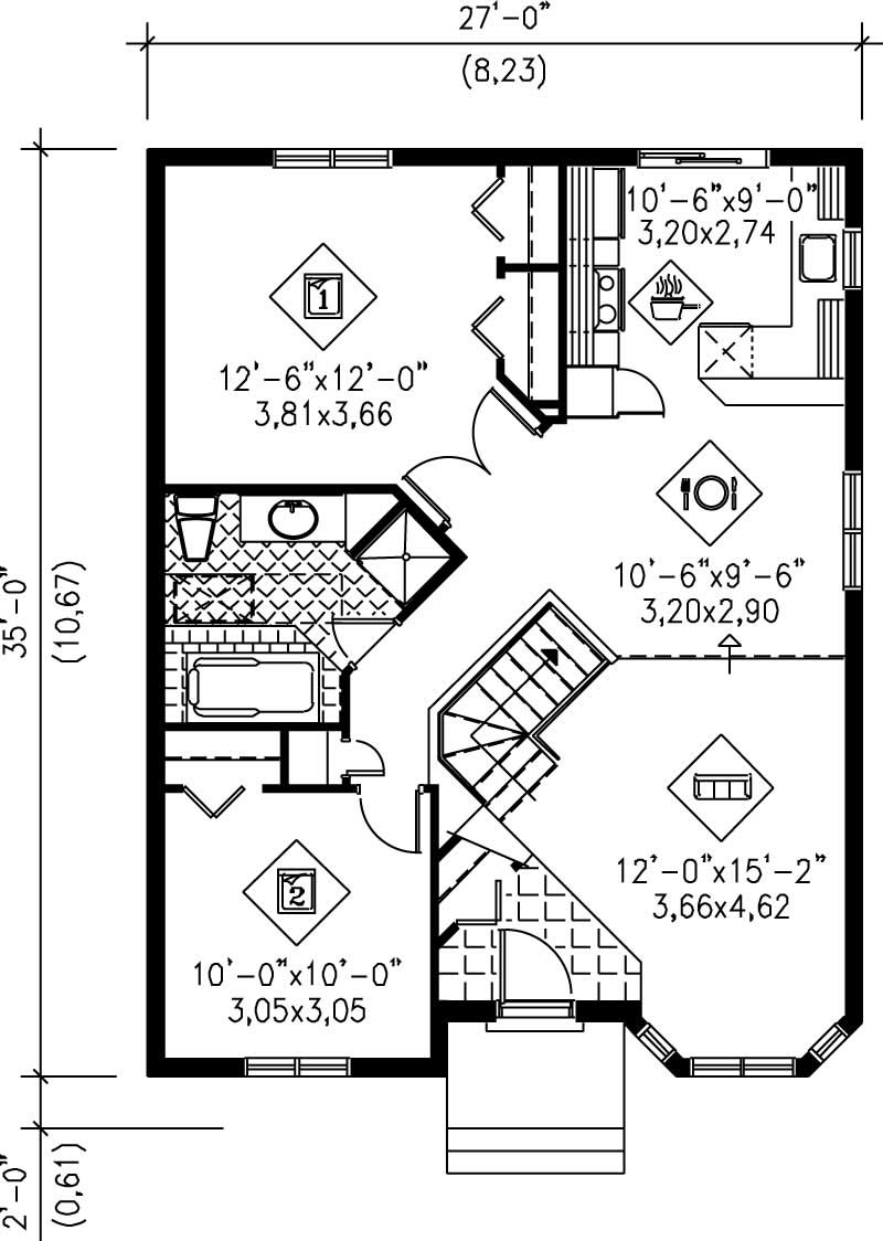 Floor Plan First Story of Bungalow Plan #157-1122