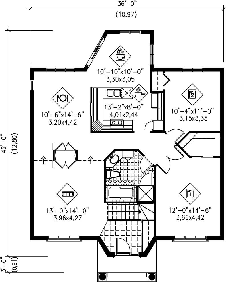 Floor Plan First Story of Bungalow Plan #157-1128