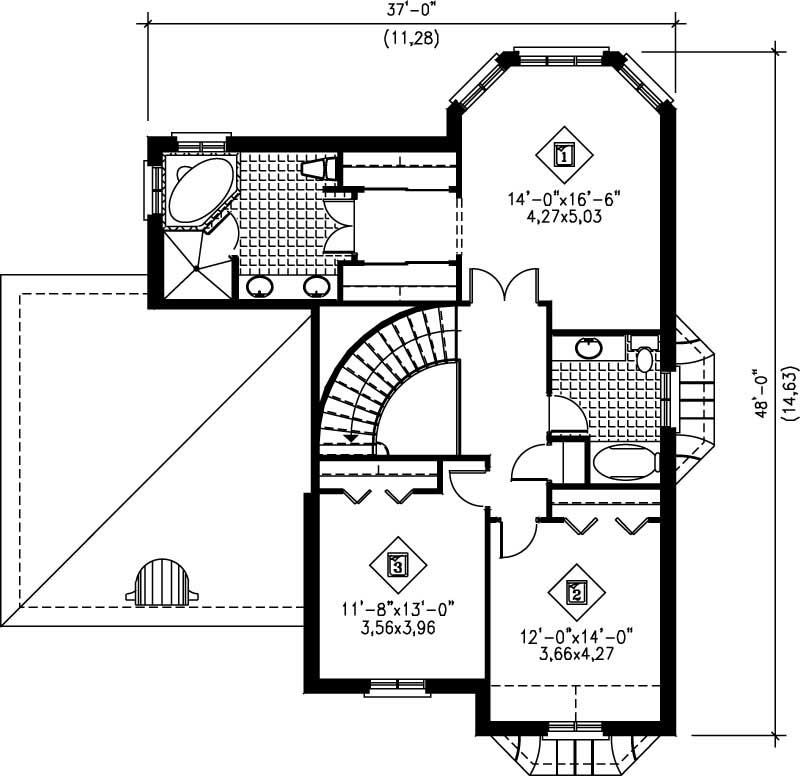 Floor Plan Second Story of European Plan #157-1130