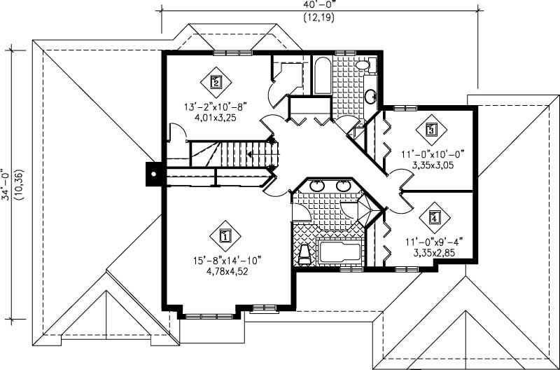 Floor Plan Second Story of European Plan #157-1176