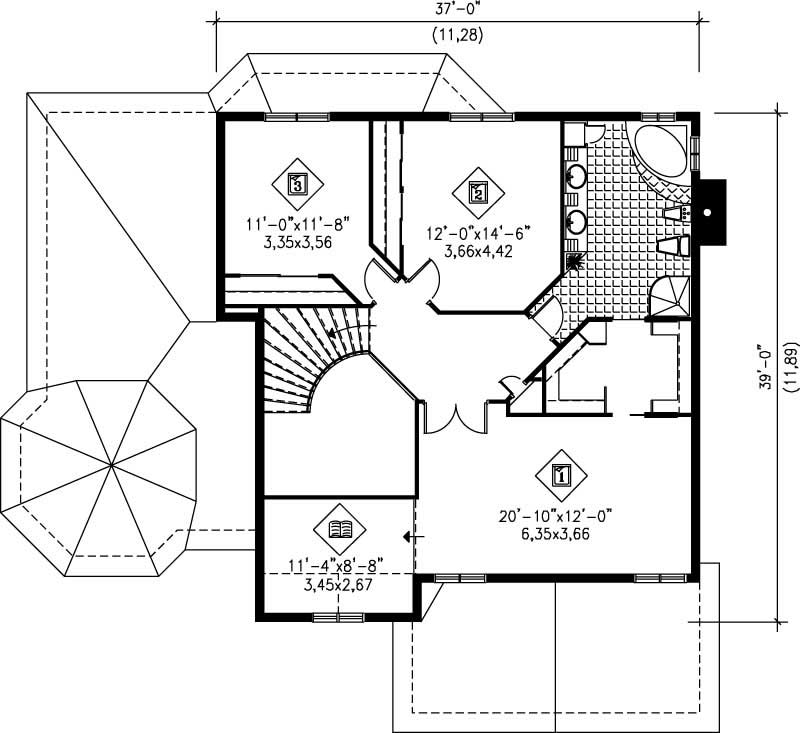 Floor Plan Second Story of European Plan #157-1225