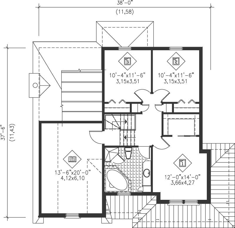 Floor Plan Second Story of Craftsman Plan #157-1602