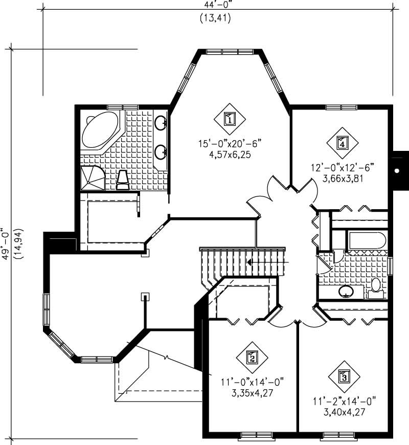 Floor Plan Second Story of European Plan #157-1605