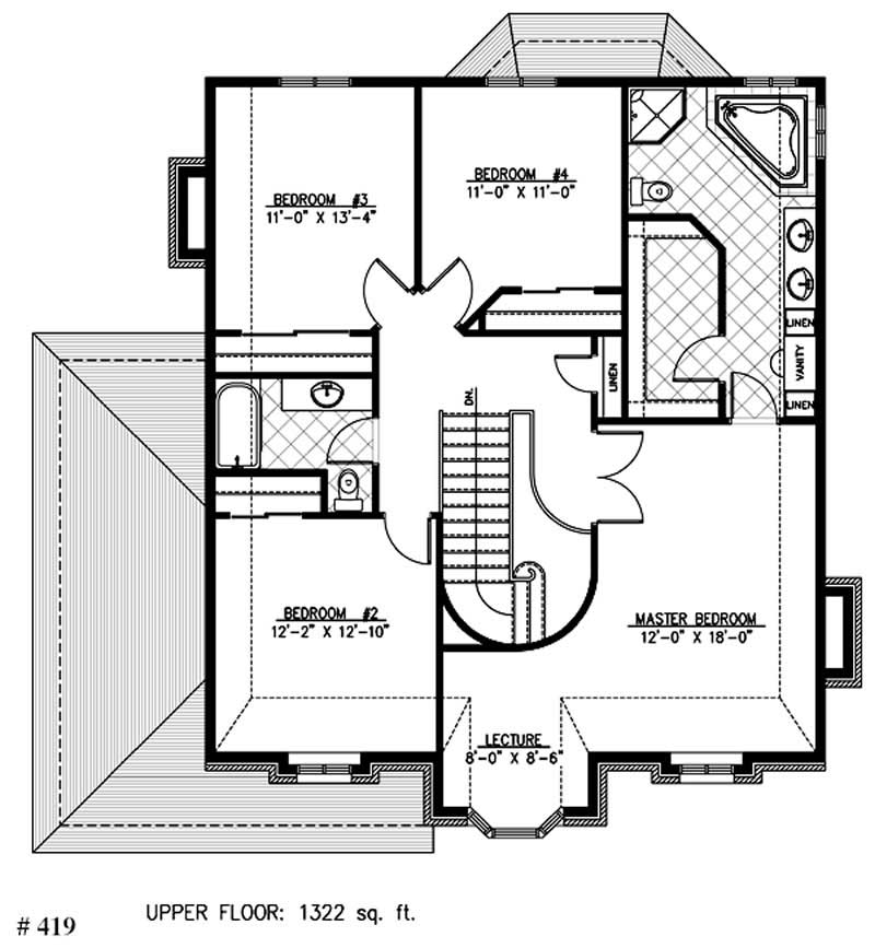 Floor Plan Second Story of European Plan #158-1006