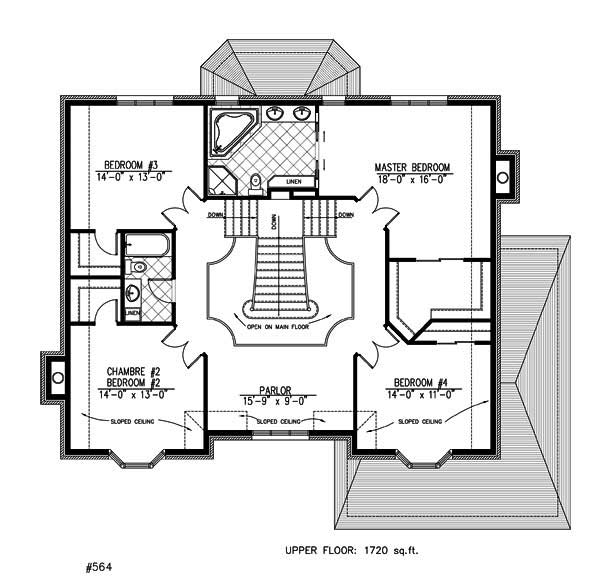 Floor Plan Second Story of European Plan #158-1069