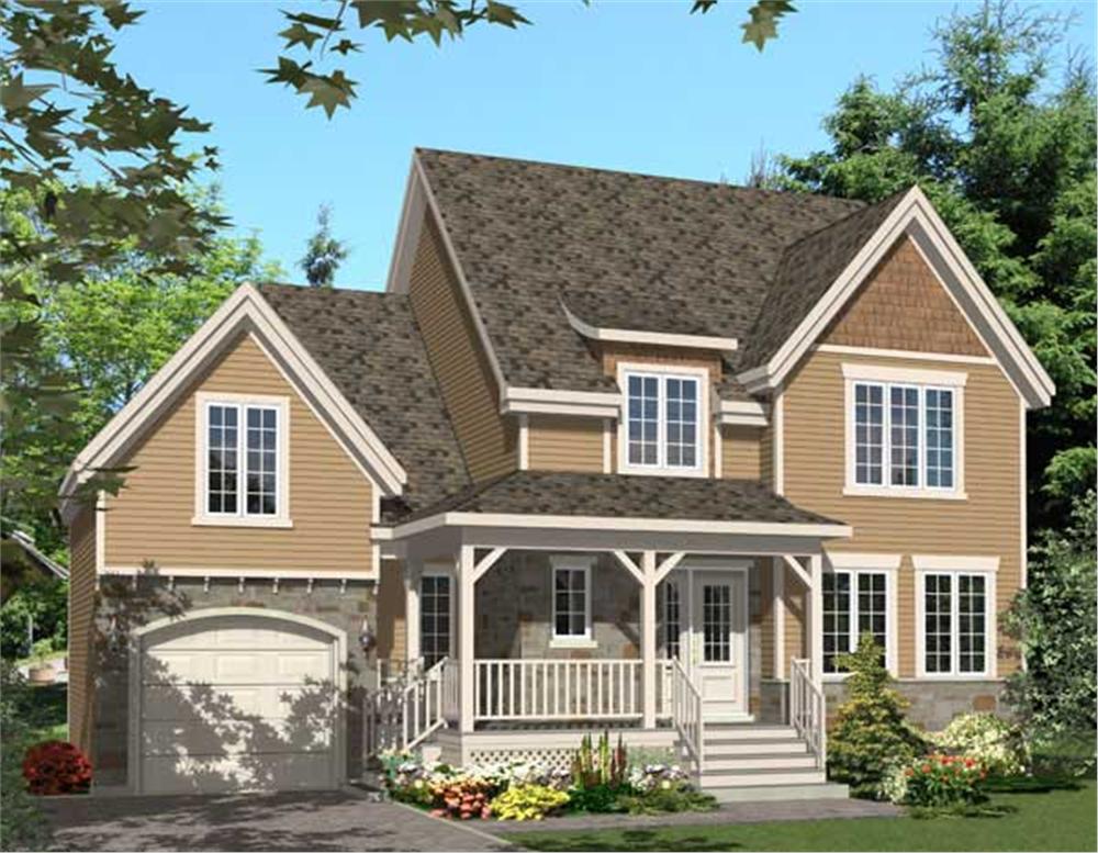 This is the front elevation for these Traditional Country House Plans.