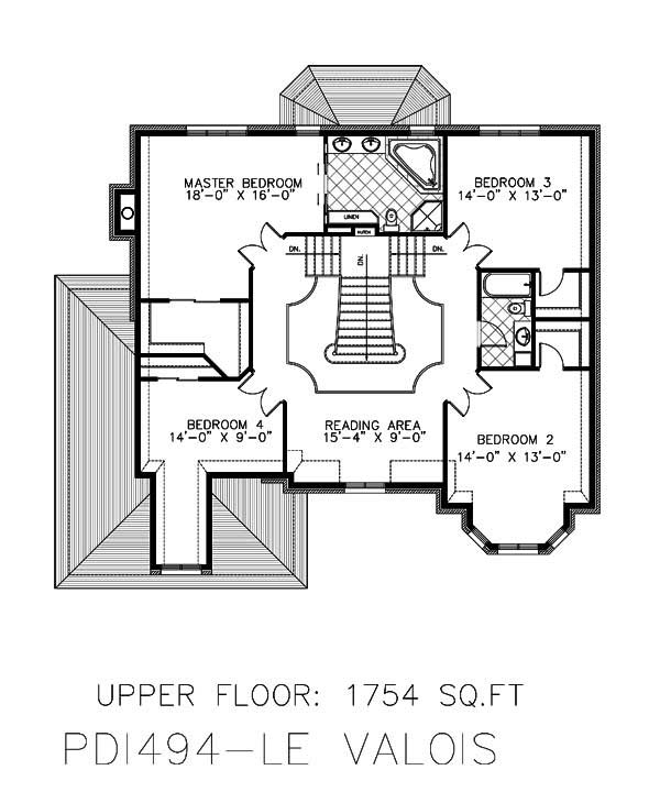 Floor Plan Second Story of European Plan #158-1166