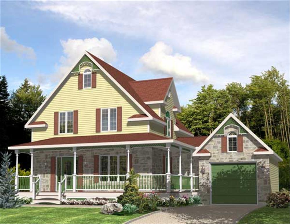 This is the front elevation for these Victorian House Plans.