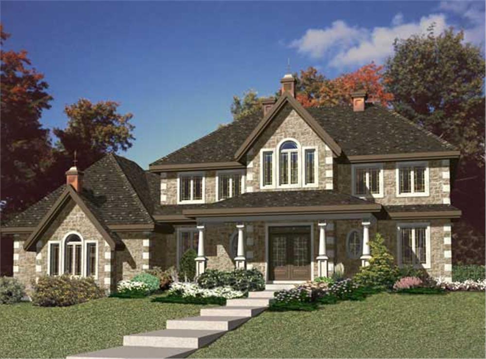 This image shows the front elevation for these Country House Plans.