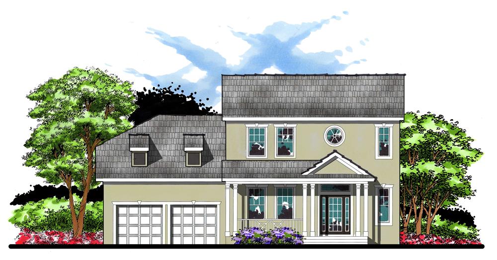 This is the front elevation for these Traditional Home Plans.