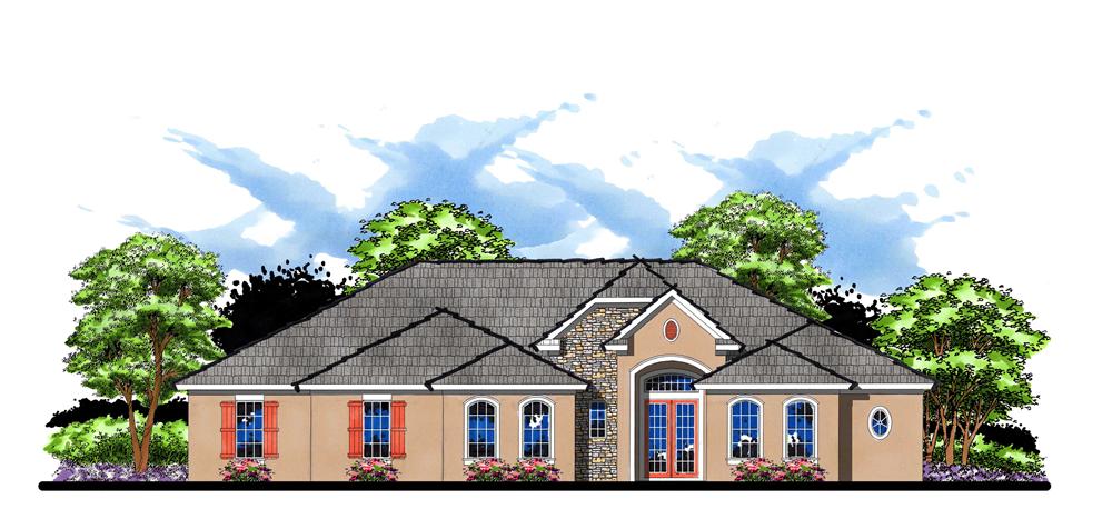 This is the front elevation for these French House Plans.