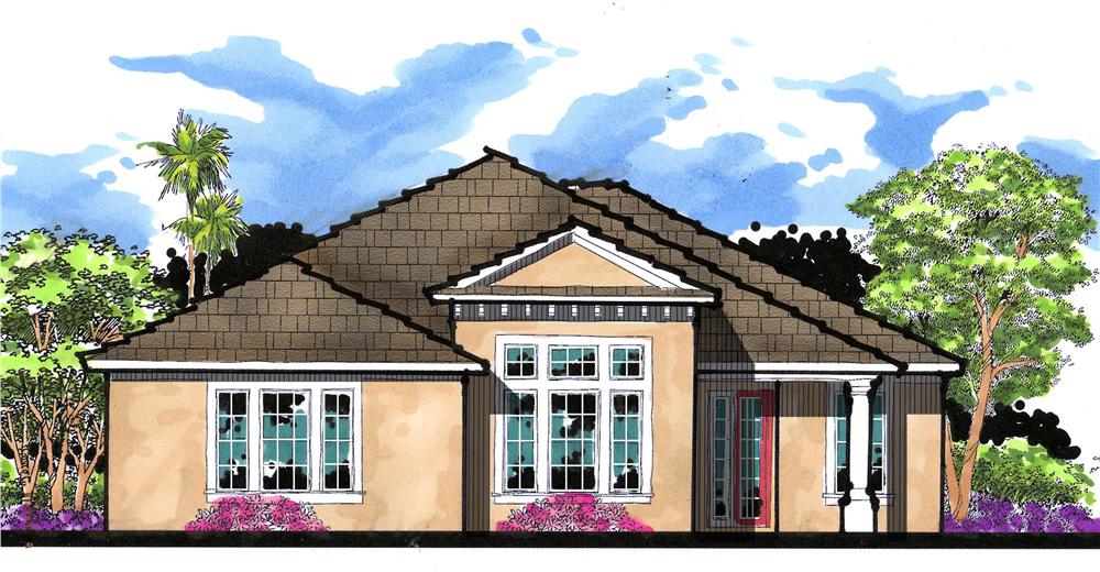 This is the front elevation for these Mediterranean House Plans.