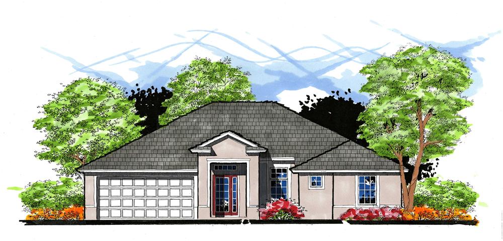 This image shows the front elevation for these Mediterranean Home Plans.
