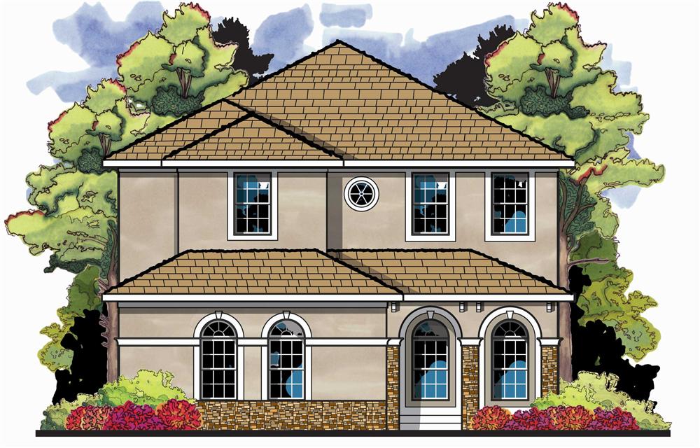This is the front elevation for these Tuscan Home Plans.