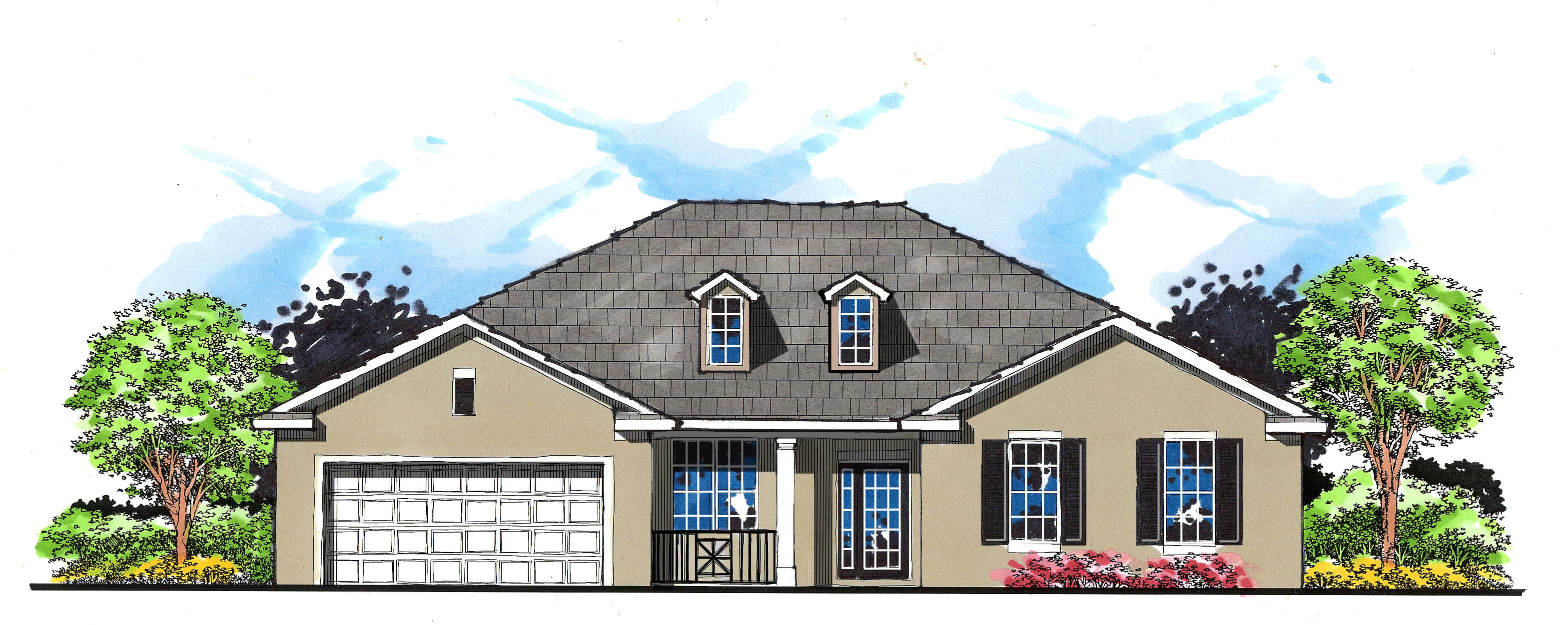 This is the front elevation for these Ranch House Plans.