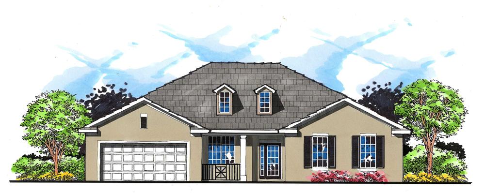 This is the front elevation for these Ranch House Plans.