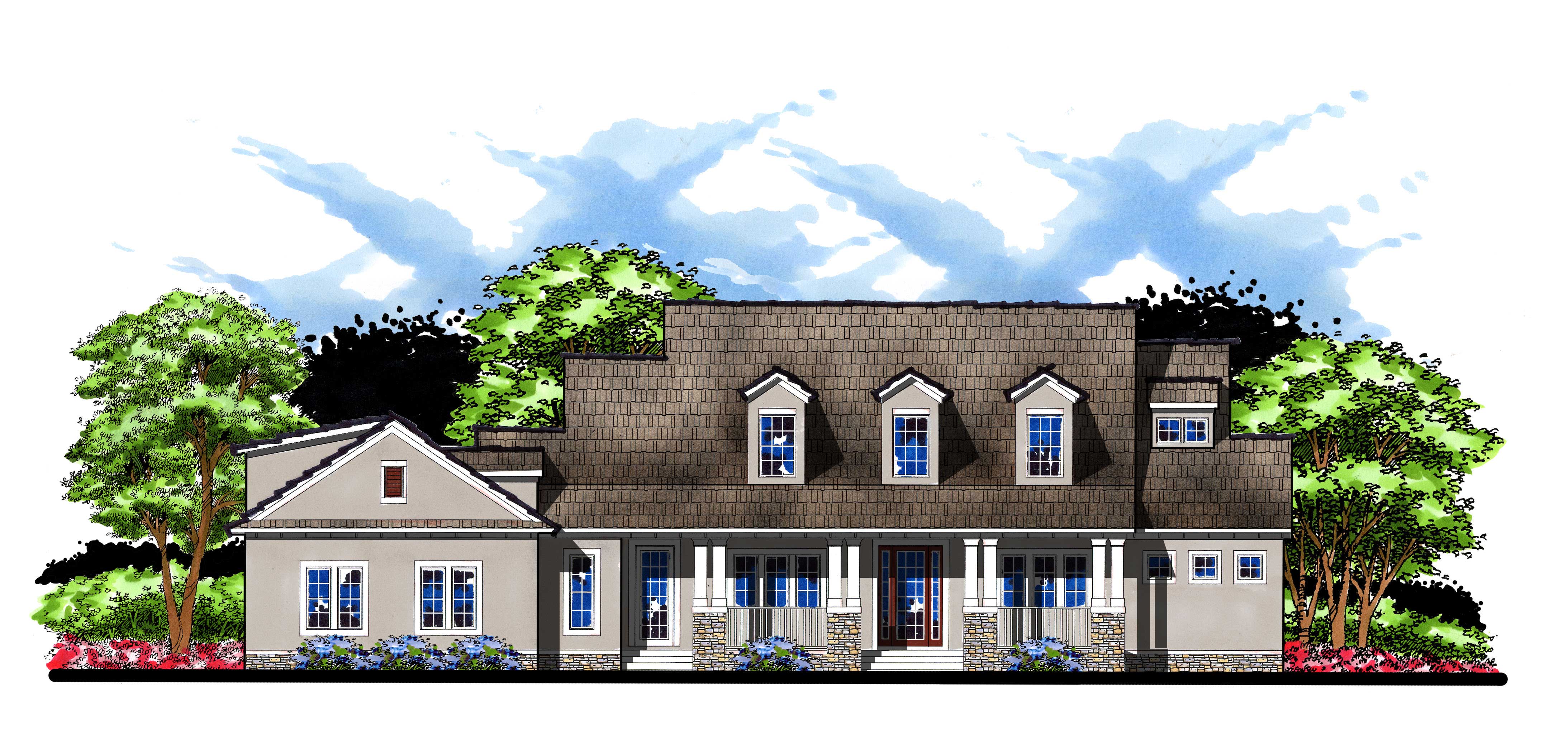 This is the front elevation for these Country House Plans.