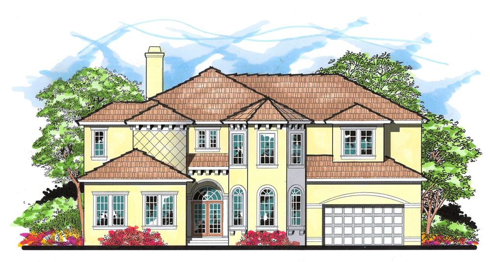 This is the front elevation for these Spanish Home Plans.