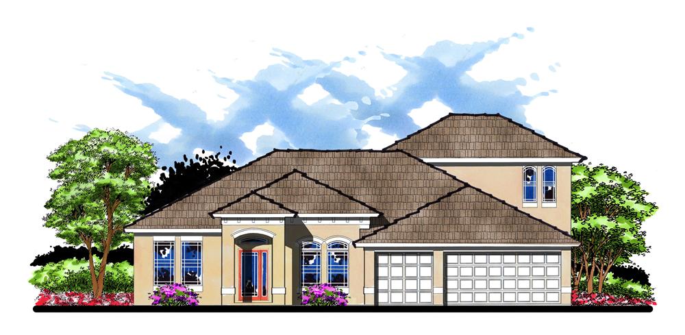 This is the front elevation for these Contemporary French House Plans.