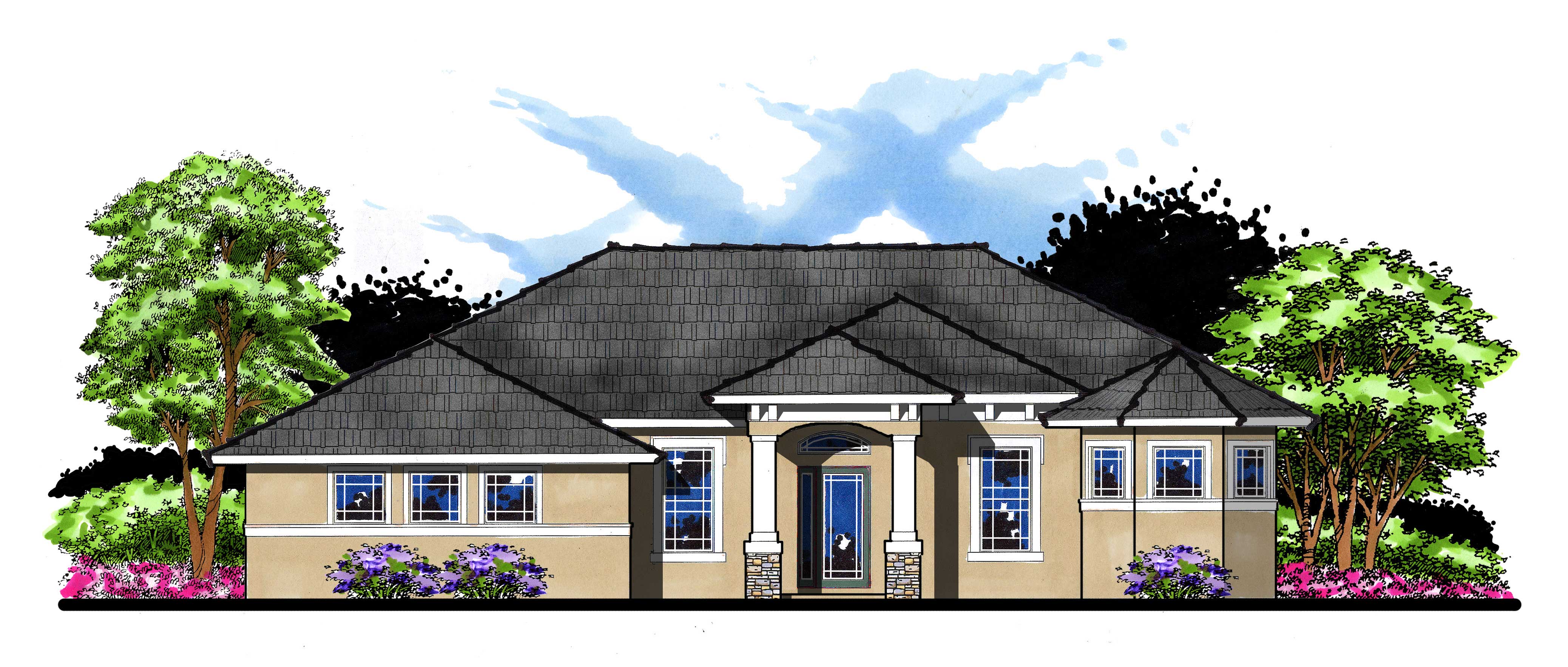 This is the front elevation for these Traditional House Plans.