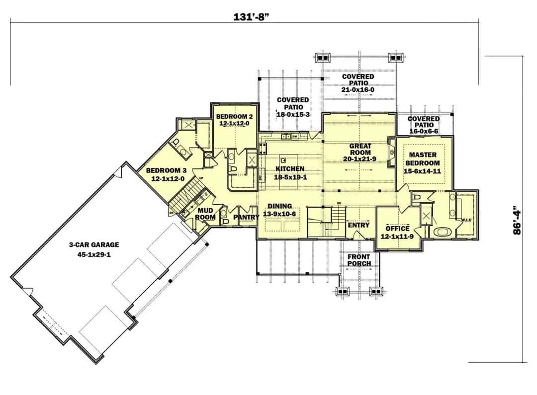 Floor Plan Main Level of Ranch Plan #161-1131