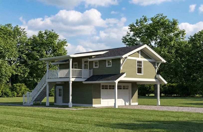 A rustic barndominium facade with a stone-accented base, covered front porch, and gable roofline over the attached garage. 1 bed, 660 sq ft - Plan #161-1284.