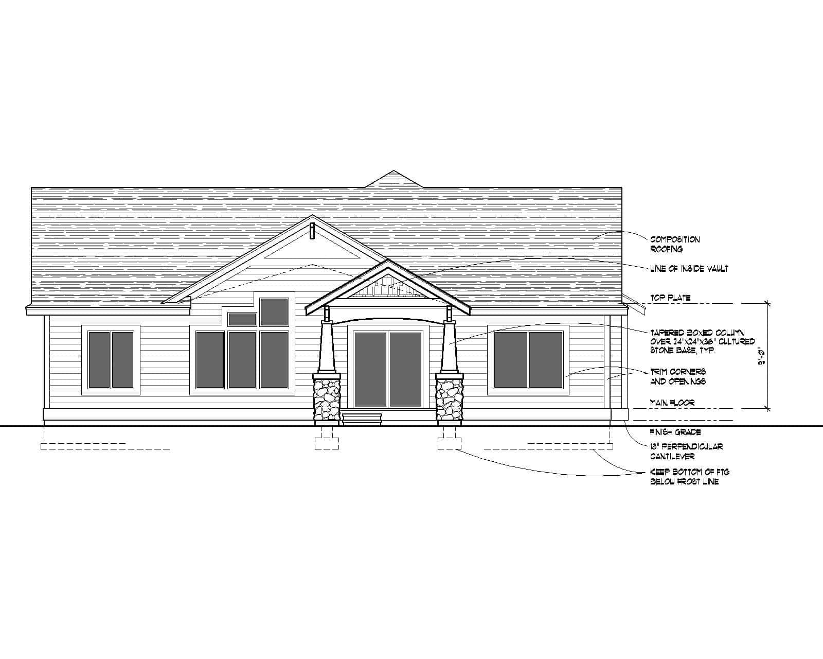 Home Plan Rear Elevation of this 4-Bedroom,1424 Sq Ft Plan -162-1086