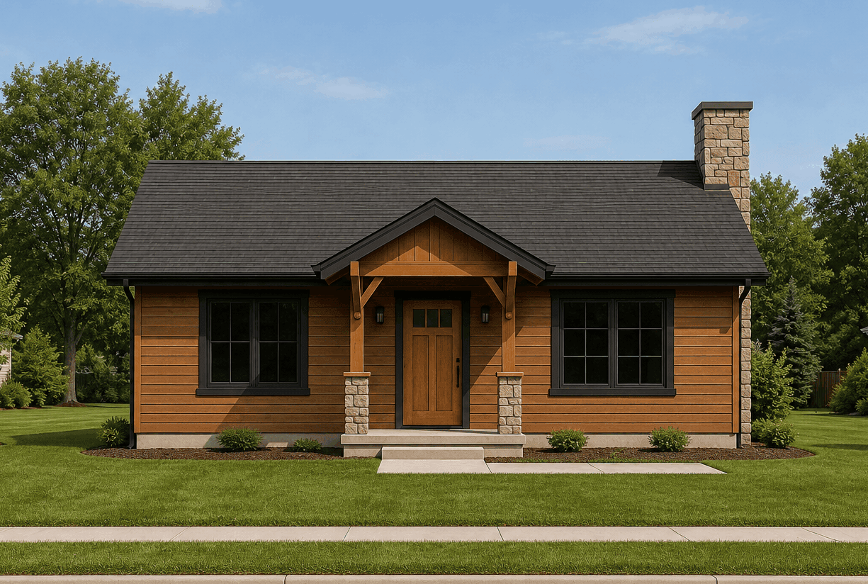 Craftsman facade with covered front porch, stone accents, and gable roofline anchors this narrow lot design. 1 bed, 720 sq ft - Plan #162-1123.