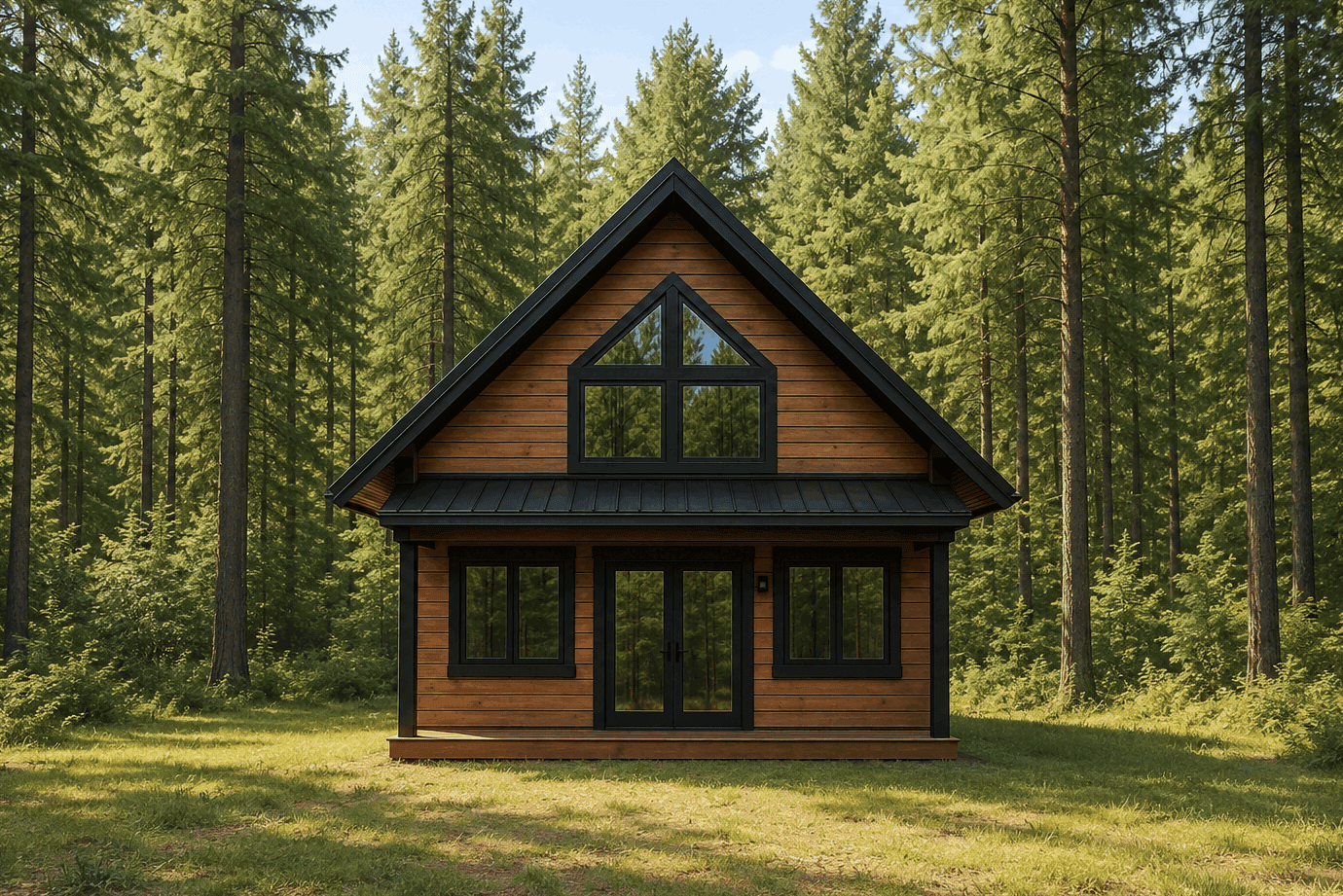 A Rustic elevation with metal gable-shed roofline, lap-siding walls, and a covered front porch anchors this compact 1.5-story design. 2 beds, 1,185 sq ft - Plan #162-1125