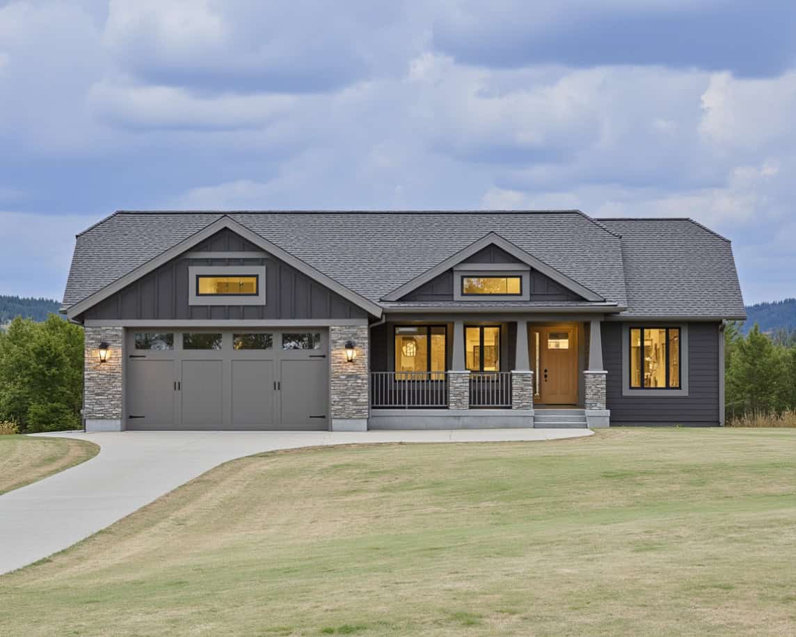Craftsman facade with covered front porch, stone and shake siding accents, and gable roof composition. 5 beds, 2,378 sq ft - Plan #162-1142