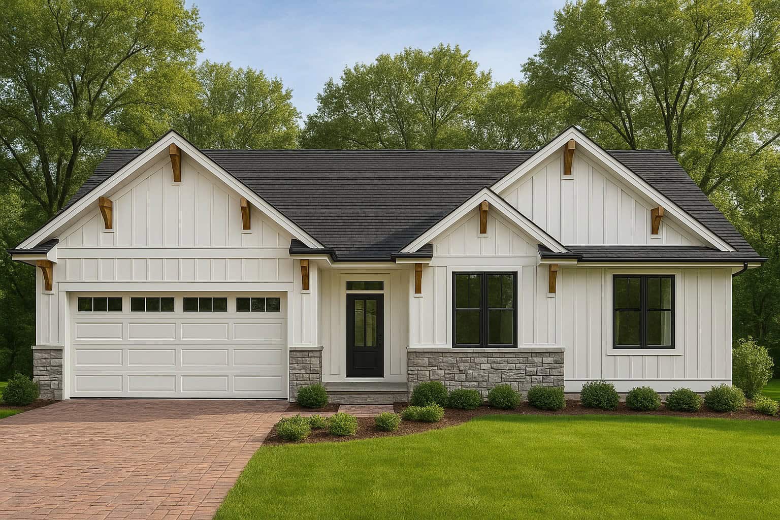 A Craftsman home with stone and board-and-batten siding, gable rooflines, and a covered front porch. 3 beds, 1,600 sq ft - Plan #162-1149