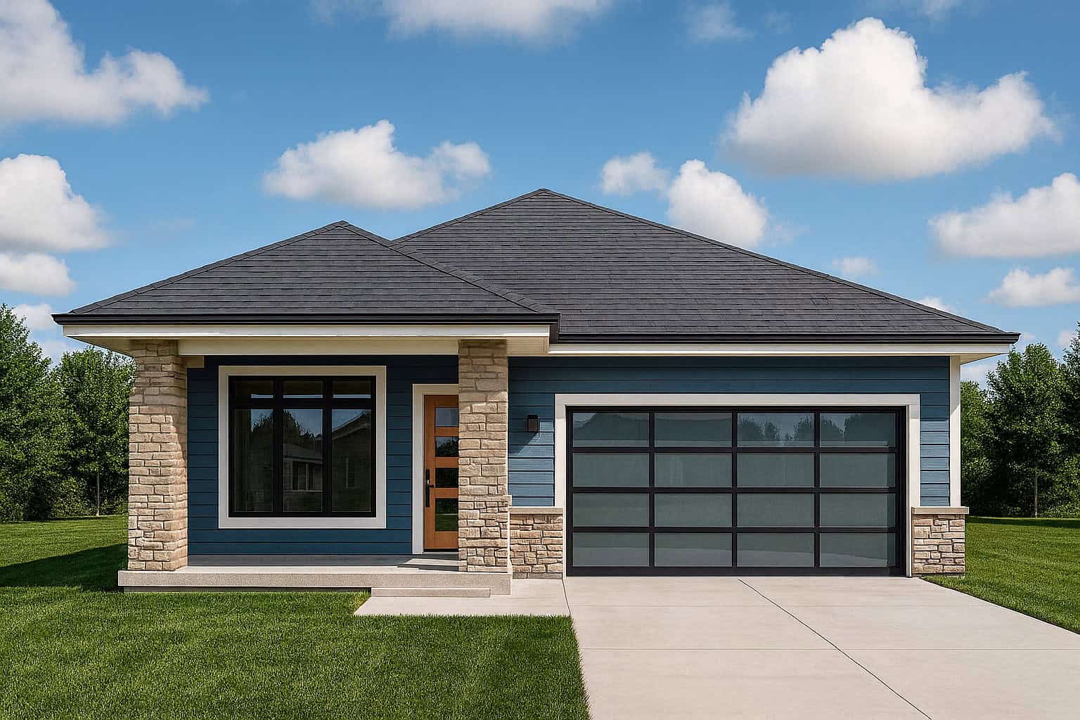 Prairie design with hip roofline, mixed stone and lap siding, and covered entry porch creating horizontal emphasis. 4 beds, 3,136 sq ft - Plan #162-1150.