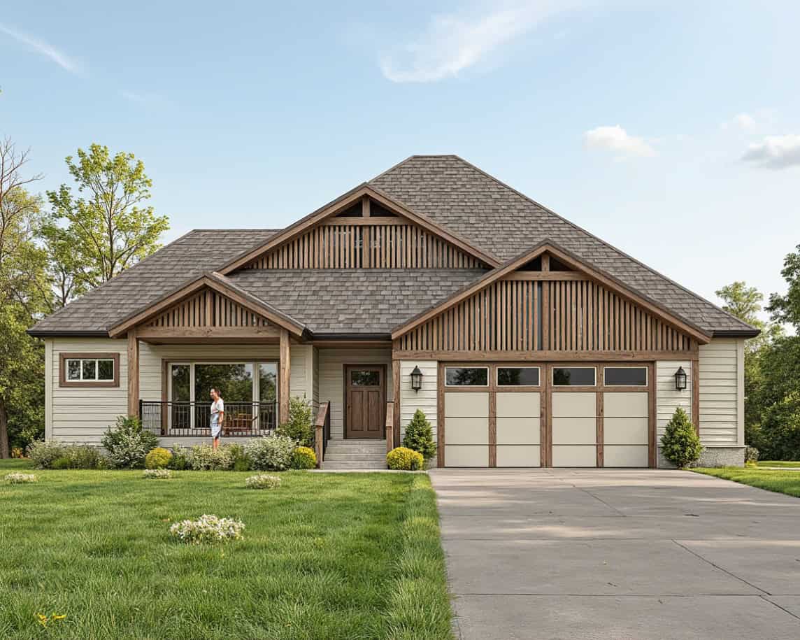 Craftsman elevation with stone base, lap siding, gable and hip rooflines, and a covered front porch entry. 5 beds, 3 baths, 3,694 sq ft - Plan #162-1162