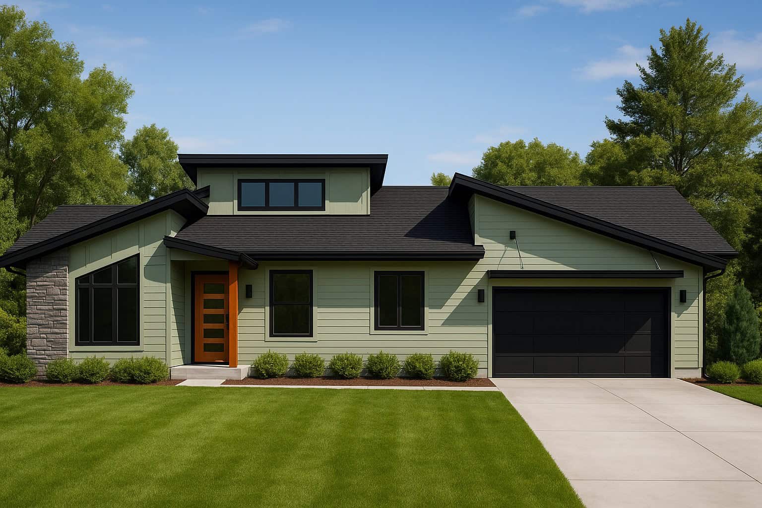Stone and lap siding characterize this 3,766 sq ft 6-bedroom Contemporary elevation, with mixed gable and shed rooflines and a covered front porch. 6 beds, 2.5 baths, 3,766 sq ft - Plan #162-1165