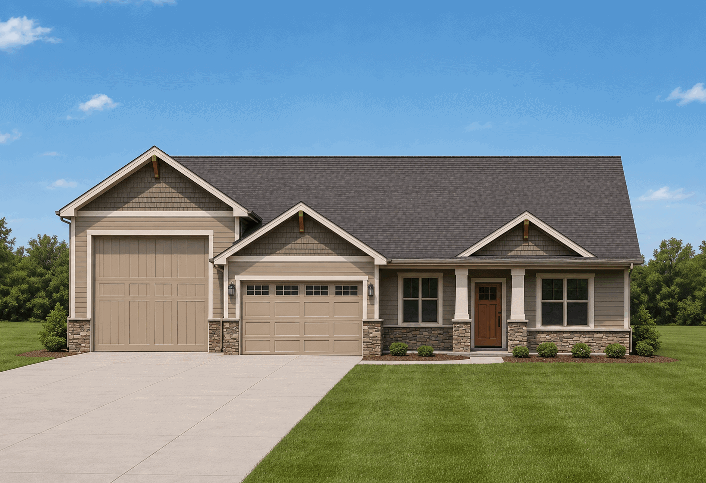 A Craftsman home elevation with stone and shake exterior, prominent gable roofline, and covered front porch entry. 3 beds, 1,980 sq ft - Plan #162-1169
