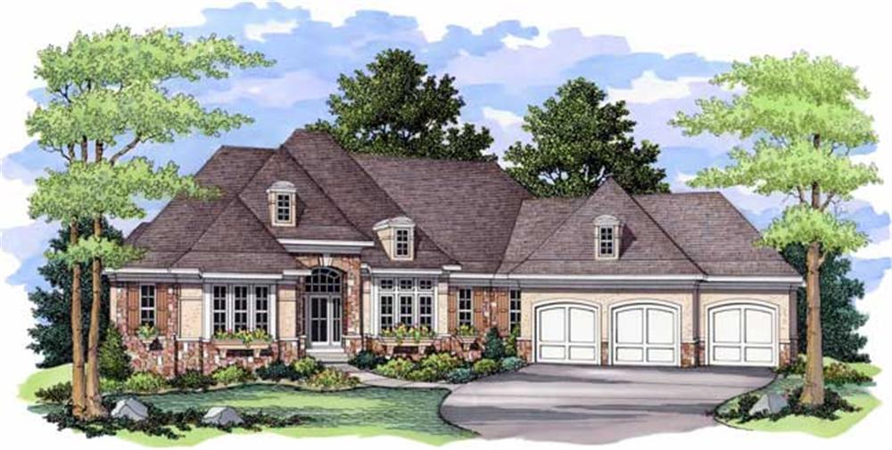 Luxury Homeplans CLS-4700 colored front elevation rendering.