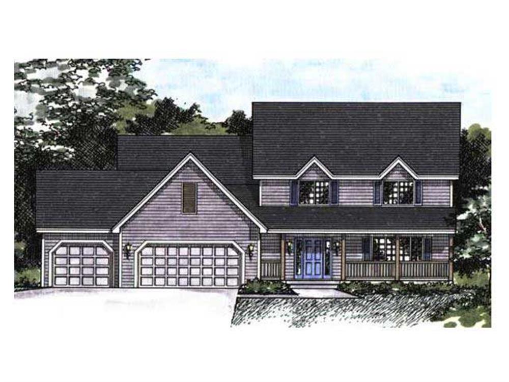 This image shows the front elevation for these Farmhouse Homeplans.