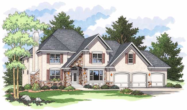 This image shows the front elevation of these European Houseplans.
