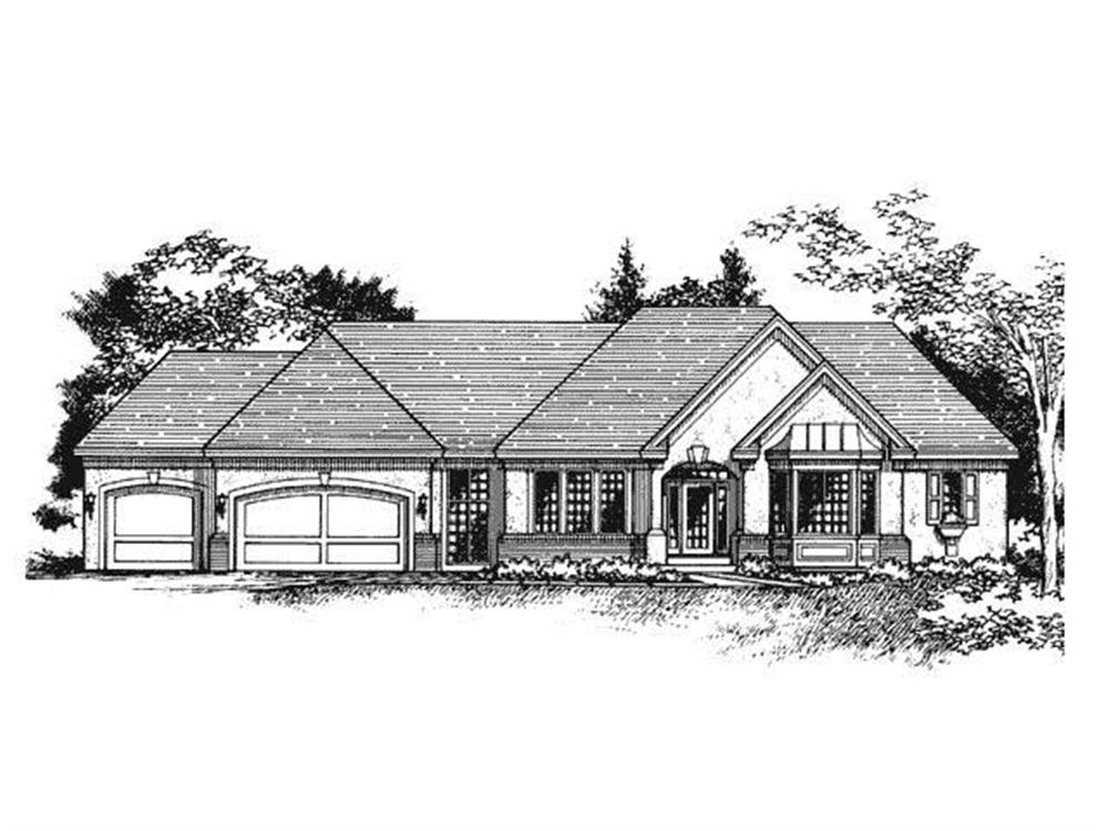 This image shows the front elevation for these Ranch Homeplans.