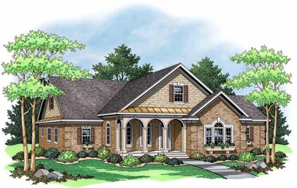 This image shows the front elevation of these country home plans 165-1142.