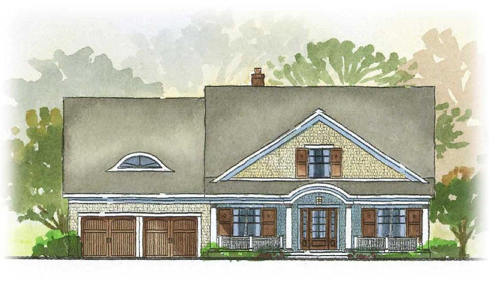 This is an artist's rendering of the front of this set of Country House Plans.