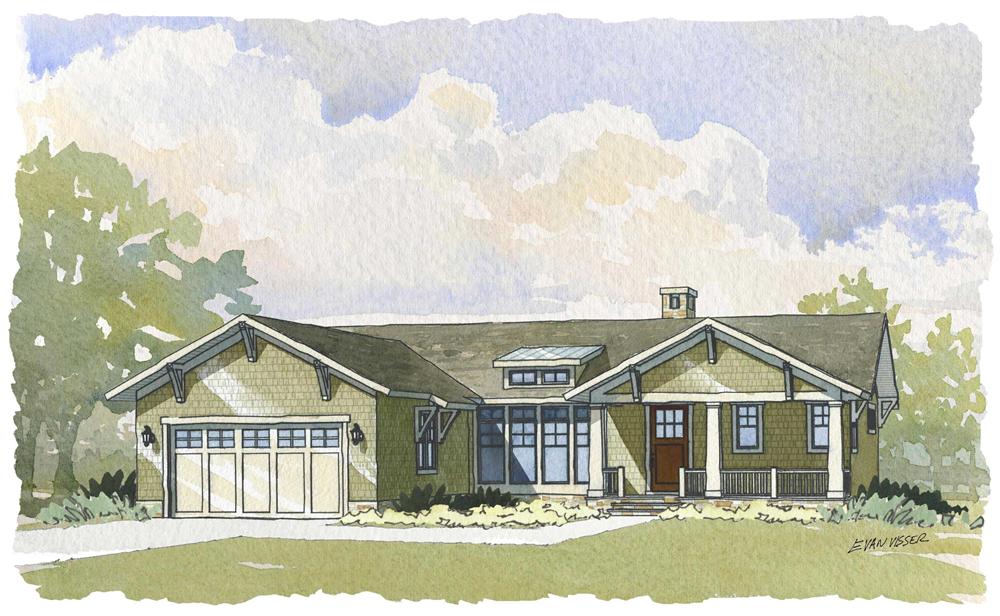 This is a colorful rendering of the front elevation of these Ranch House Plans.